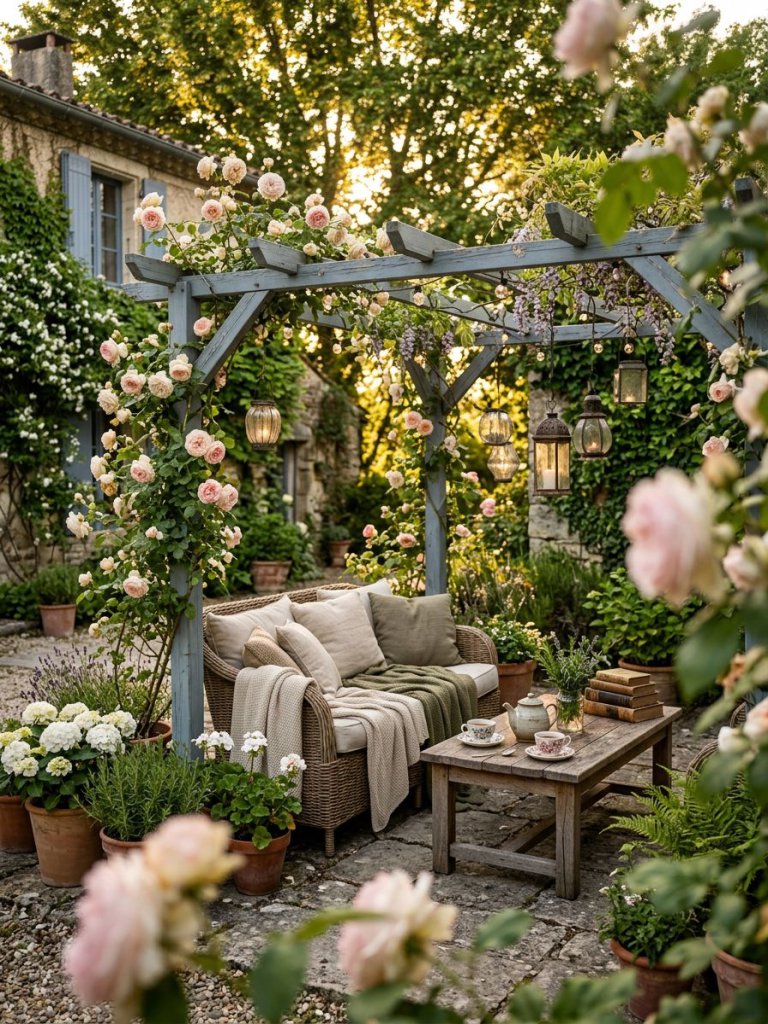 A charming French courtyard reading nook in rustic European garden style featuring a painted wooden pergola wrapped with climbing roses and.