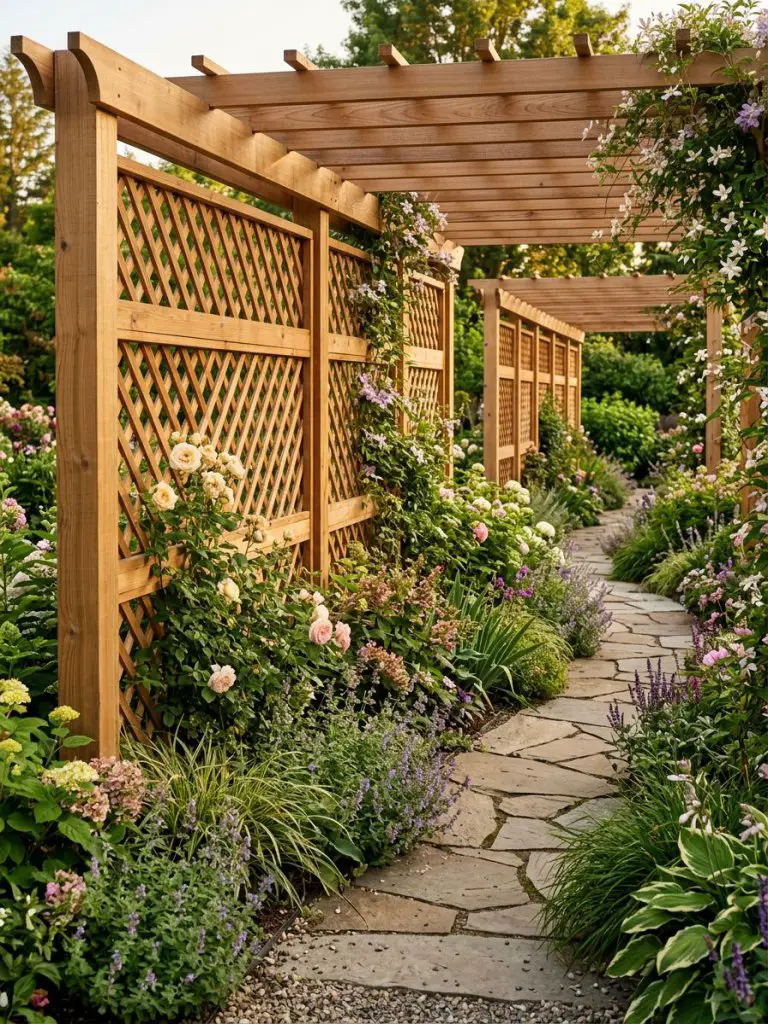 A pergola-style fence with lattice panels and a lush garden path running alongside, designed in elegant modern rustic garden style.