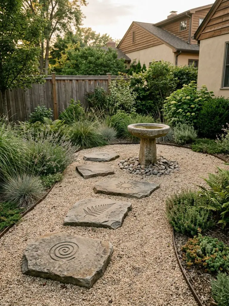 A small backyard landscape in a United States home featuring a short winding stepping stone path in warm minimalist and modern rustic style.