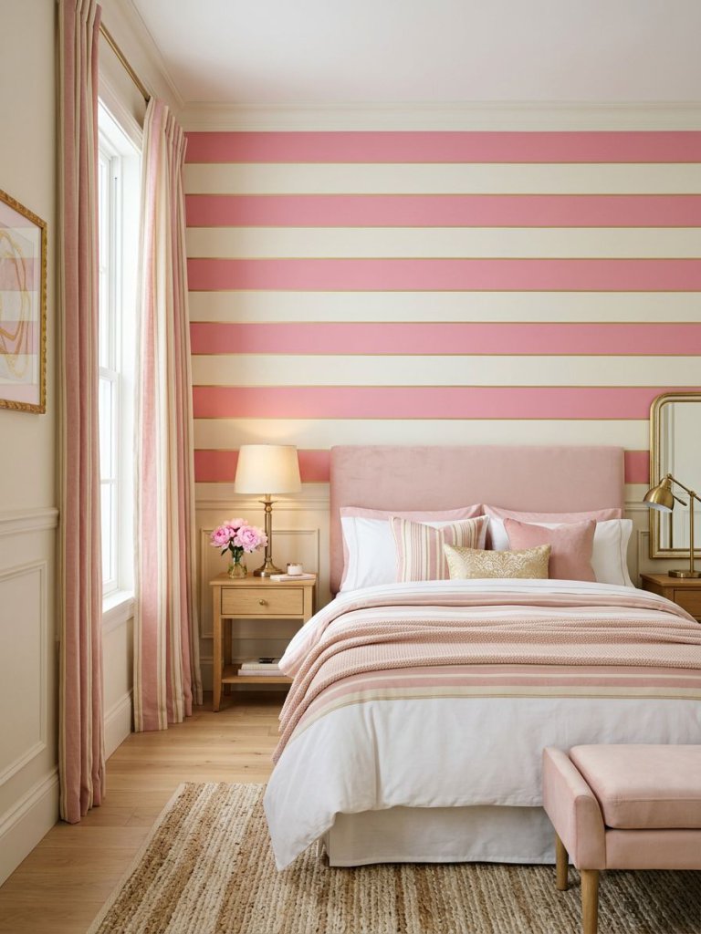 A charming pink bedroom featuring a bold striped accent wall with delicate gold detailing styled in a playful yet sophisticated modern class.