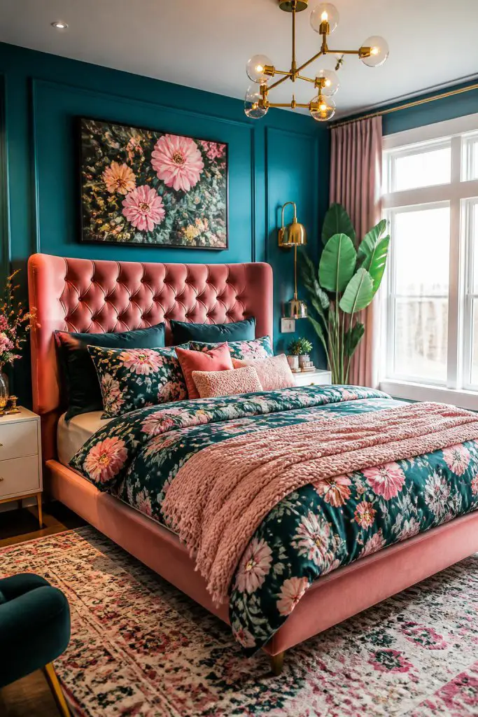 A modern eclectic bedroom fusing teal walls with a blush-pink, tufted velvet bed, perfectly balancing vibrant color and elegance.