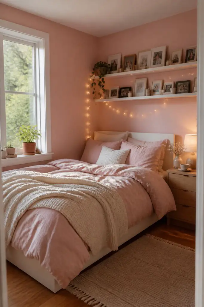 This charming, Pinterest-worthy pink bedroom maximizes wall space with two floating shelves displaying a gallery of photos, prints, and deli.