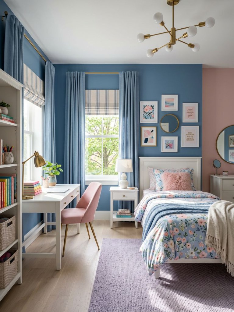 A cheerful blue and pink teen bedroom designed in a playful contemporary style with functional study space integration and polished pastel s.