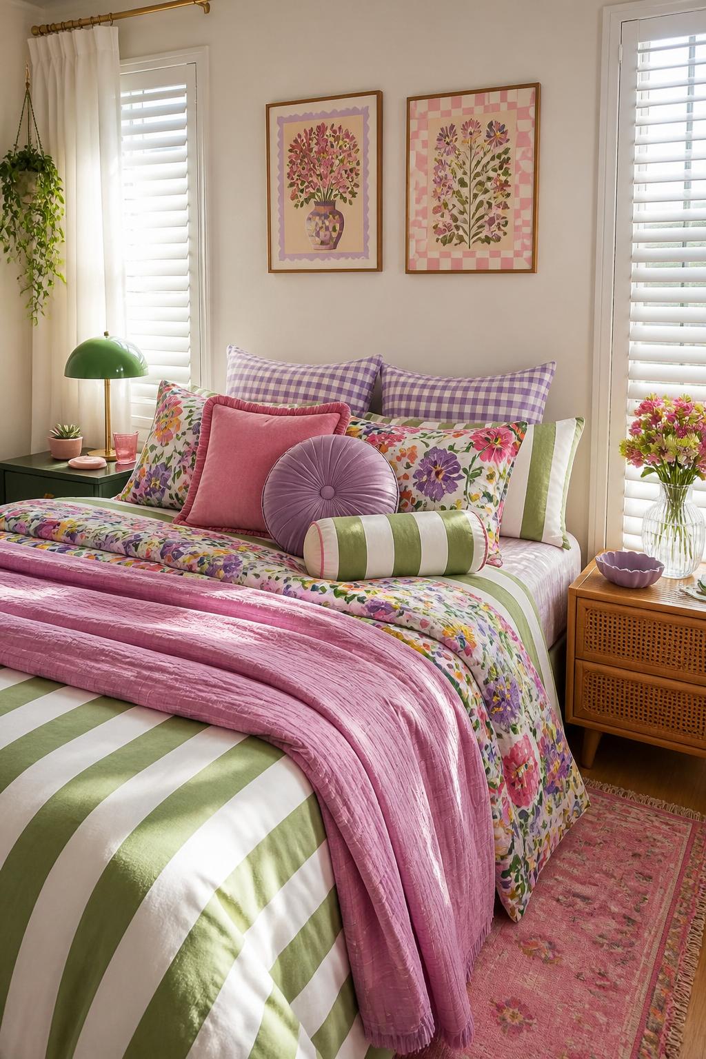 A lively, modern bedroom bursting with playful energy, featuring a bed dressed in green and white striped sheets with boldly patterned flora.