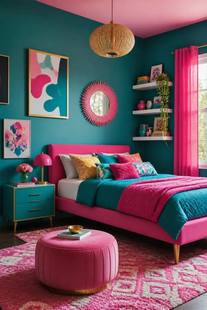 An eclectic, playful teal and pink bedroom filled with vibrant art prints and layered textures, featuring a hot pink upholstered platform be.