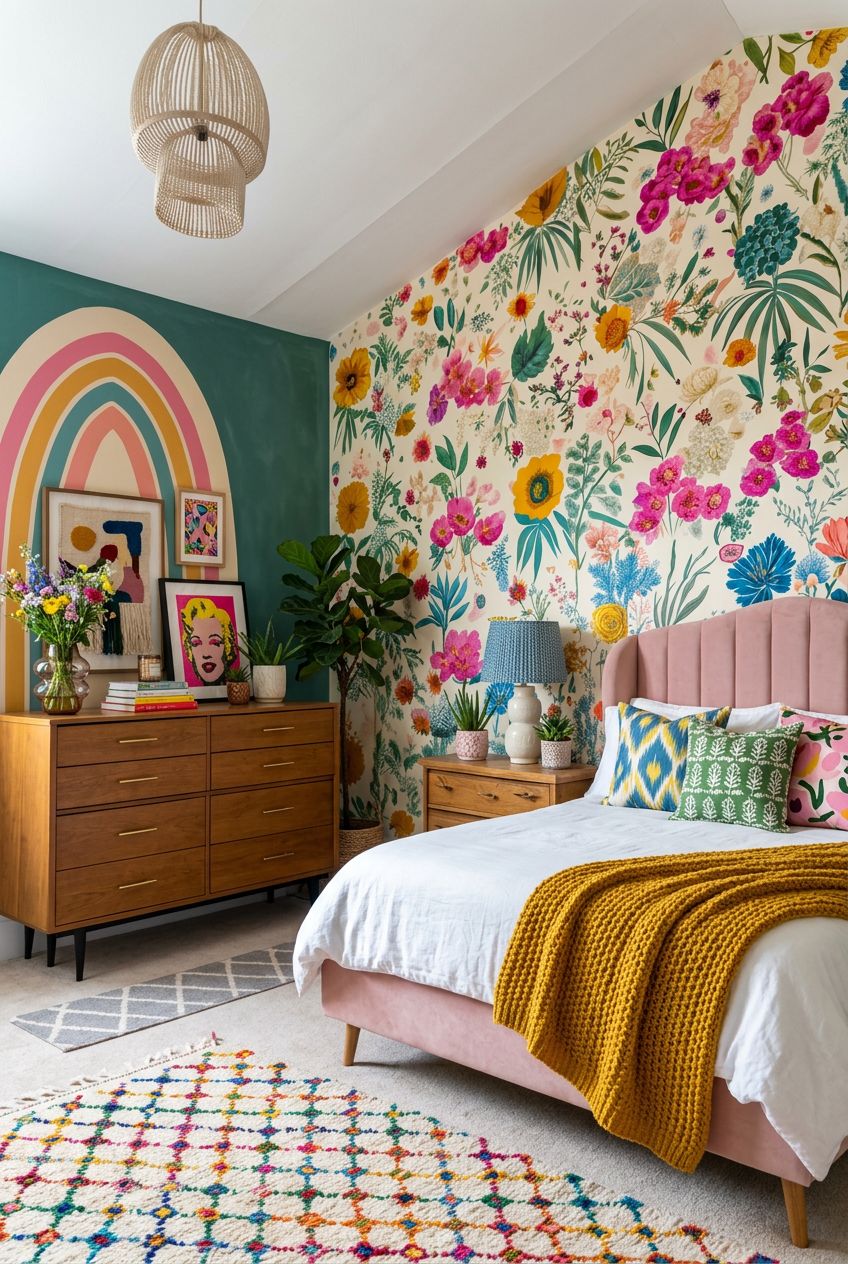 Bring a playful, modern twist to the floral bedroom with bold, whimsical wallpaper in vibrant yellows, pinks, and blues behind a blush uphol.