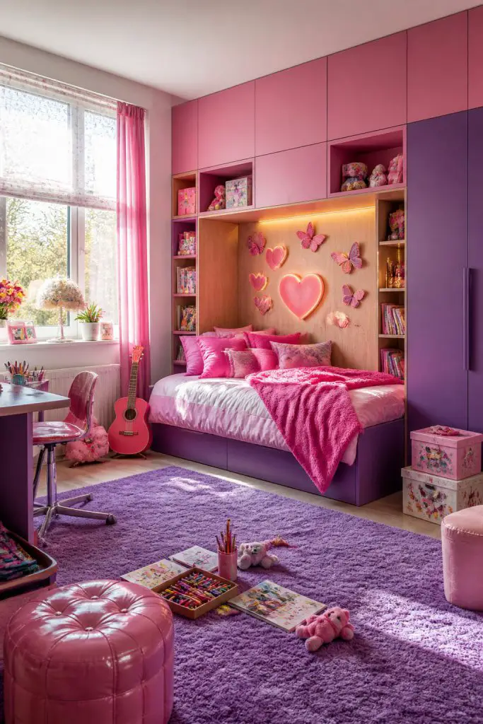 Embracing playful maximalism, this pink and purple bedroom integrates storage with design, featuring built-in wardrobes and shelving in grad.