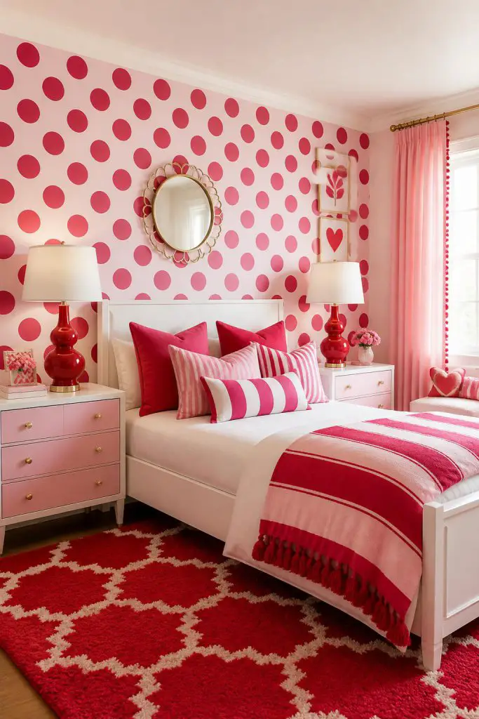 Craft a youthful bedroom bursting with personality, featuring a polka dot pink feature wall with bold red spots behind a crisp white bed wit.