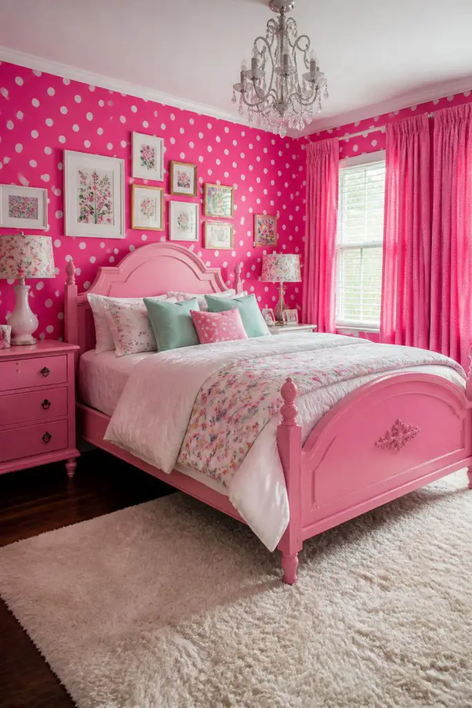 Create a playful, colorful children’s bedroom with bold hot pink wallpaper featuring large white polka dots, instantly energizing the space.