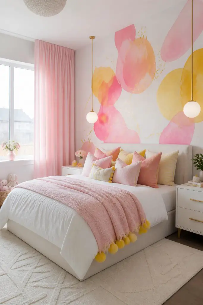 Modern and playful, this bedroom features a stunning pink and yellow watercolor mural as its feature wall behind a sleek white platform bed.