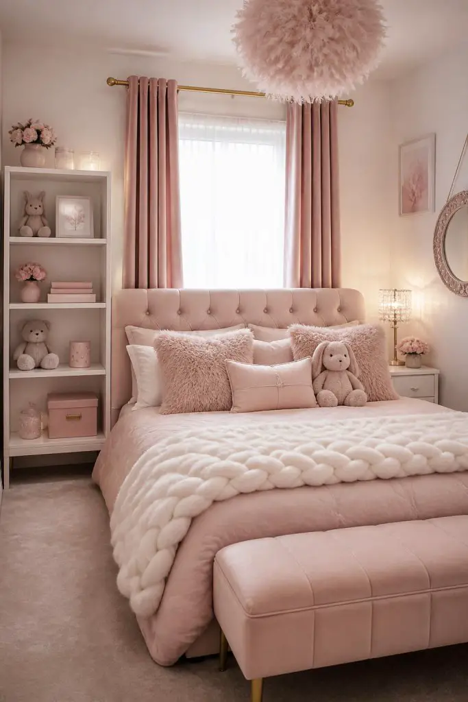 A plush, feminine bedroom combines blush pink tones with opulent textures, highlighted by a tufted headboard and matching upholstered bench.