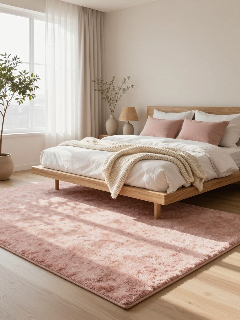 A warm minimalist bedroom featuring a plush blush pink area rug as the hero design element in a bright airy interior.