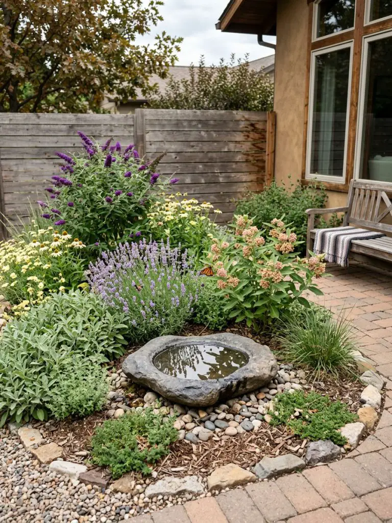 A small backyard pollinator memorial garden in a United States home designed in warm minimalist and modern rustic style.