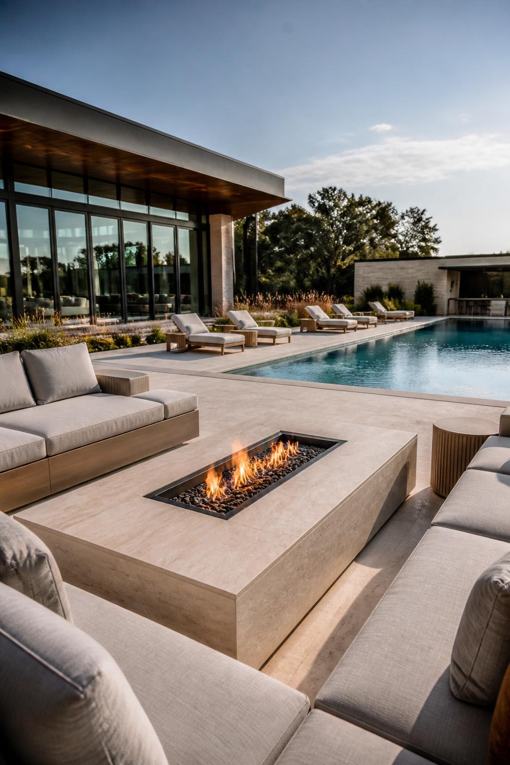 A sleek poolside lounge area centered on a rectangular fire pit table, finished in pale stone and surrounded by an expansive, light-tiled pa.