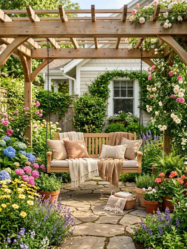 A charming small backyard garden in a United States home featuring a hanging porch swing suspended beneath a wooden pergola surrounded by lu.