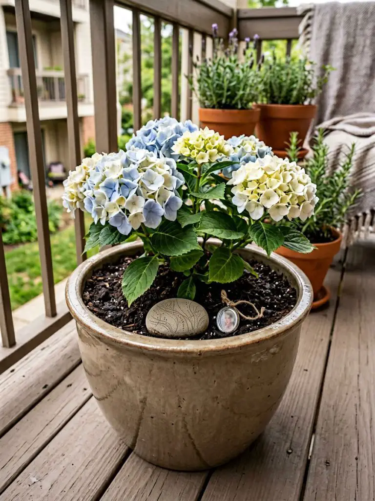 A compact patio or balcony-style small garden in a United States home featuring a glazed ceramic container as a memorial centerpiece in warm.