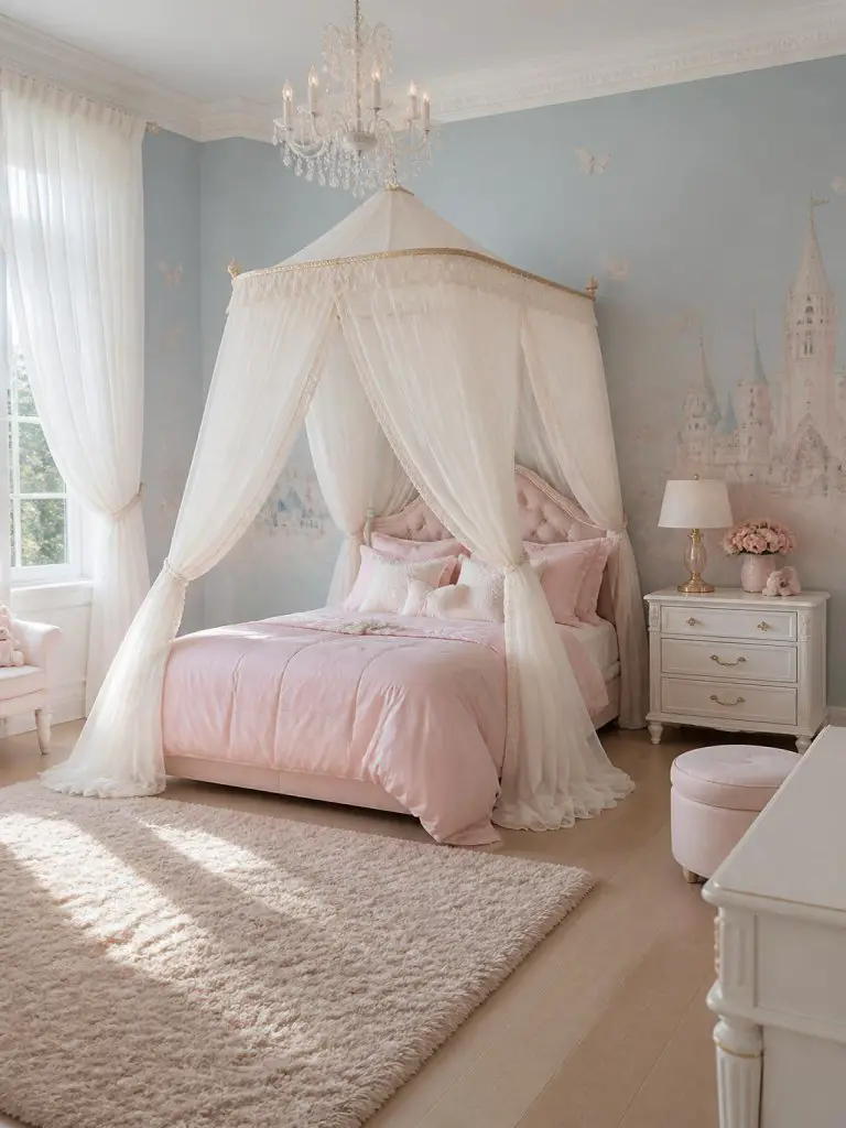 A magical princess-inspired kids bedroom blending pastel fantasy decor with elegant Scandinavian styling.