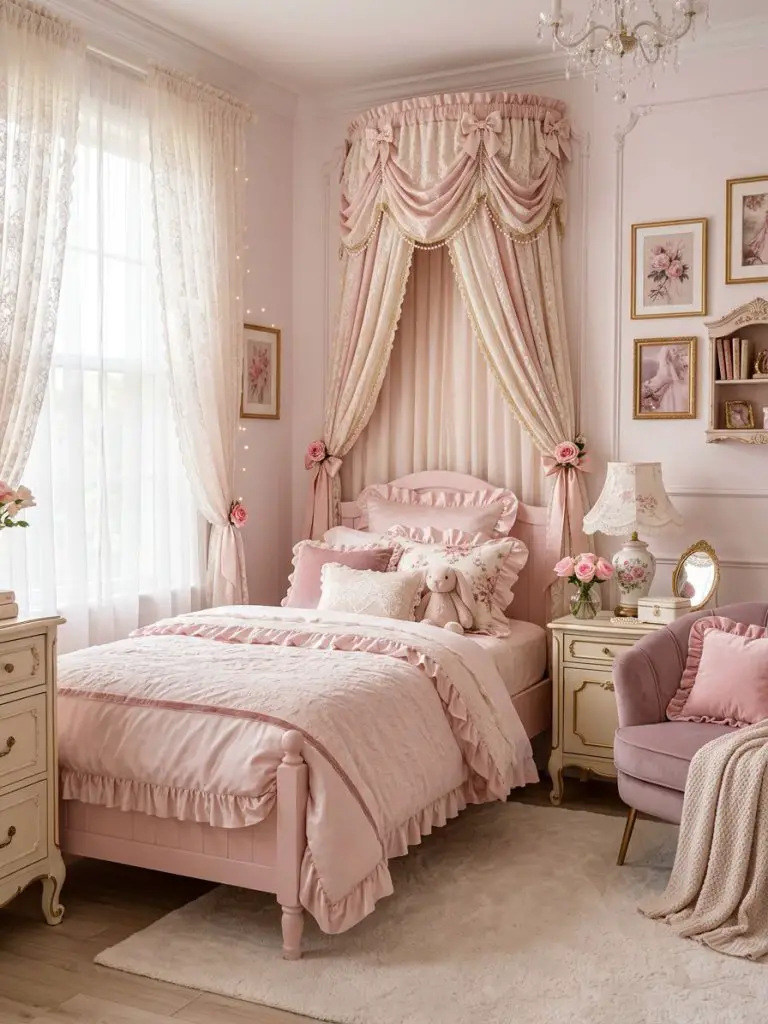 A whimsical princess-inspired pink coquette bedroom with dramatic canopy curtains and delicate lace window treatments.