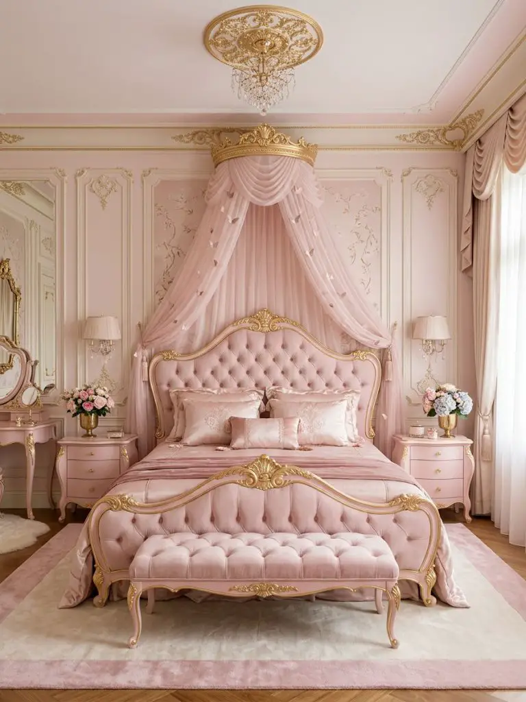 A luxurious princess-style pink royal bedroom featuring an oversized tufted blush pink bed with ornate carved gold trim as the hero focal po.