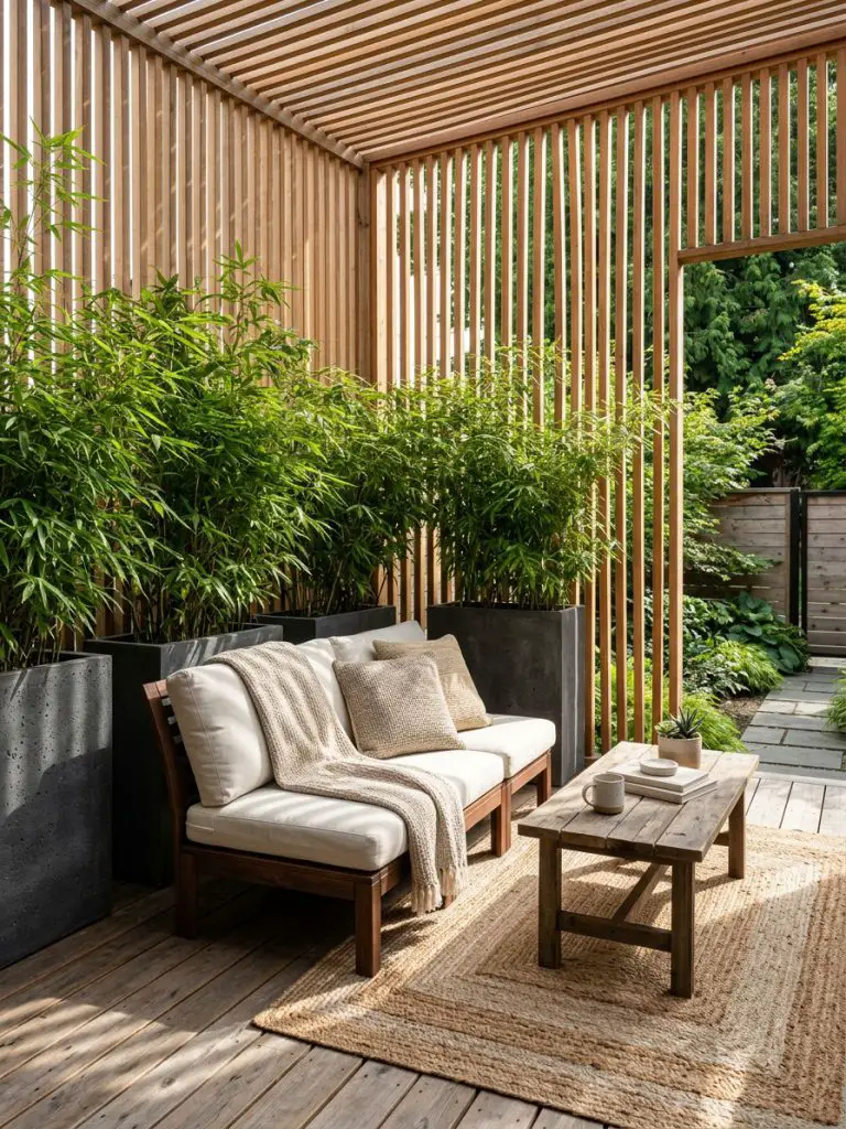 A small backyard deck with privacy screens made of slatted wood and tall planters filled with bamboo.