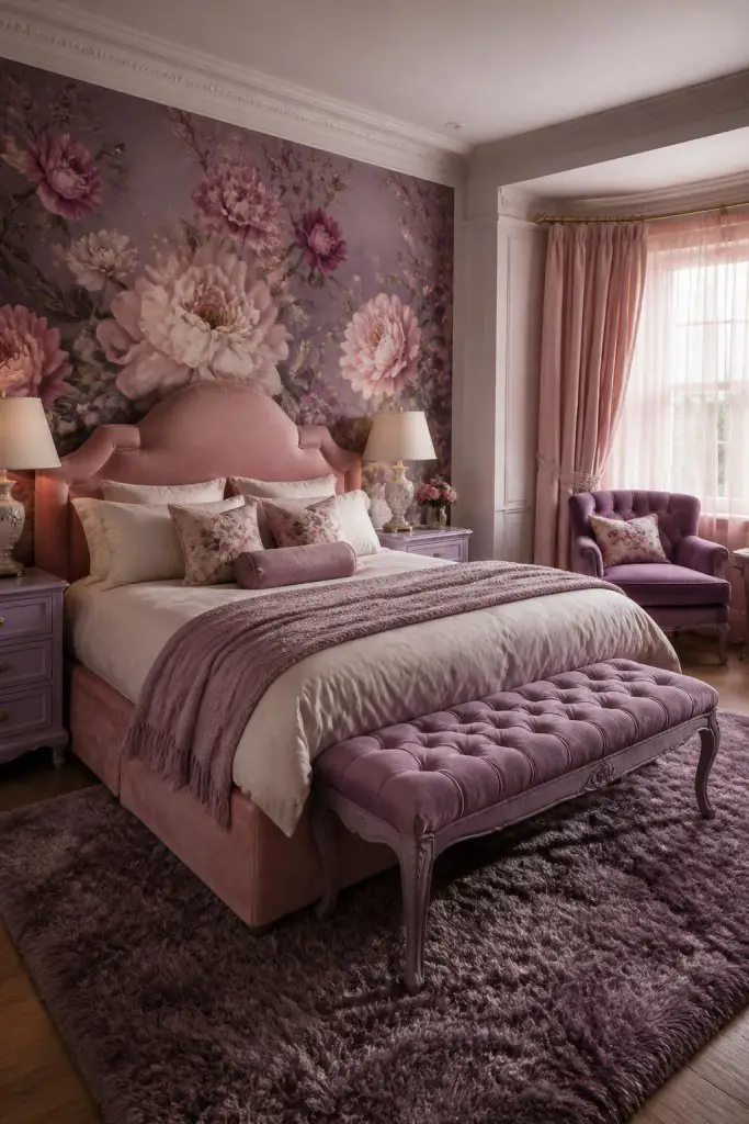 Florals bloom in this romantic bedroom where a purple wall adorned with oversized blush and mauve flower motifs makes a dramatic statement.