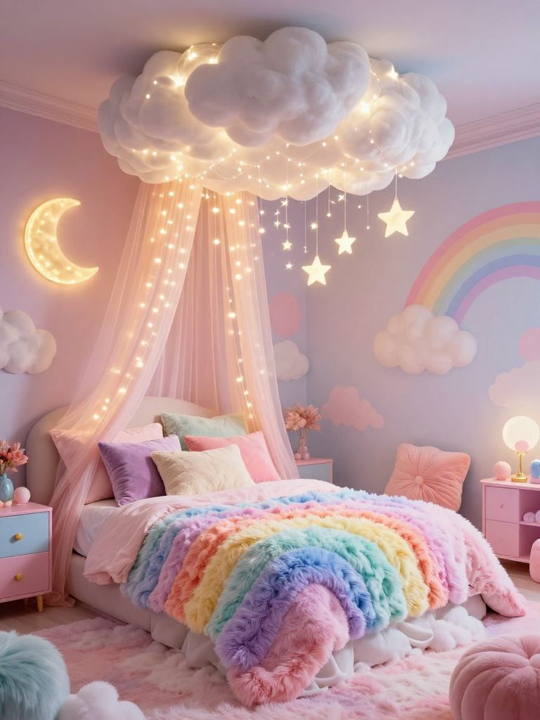 A whimsical pastel rainbow pink bedroom inspired by kawaii decor and dreamy fantasy interiors with playful layered textures and glowing ligh.