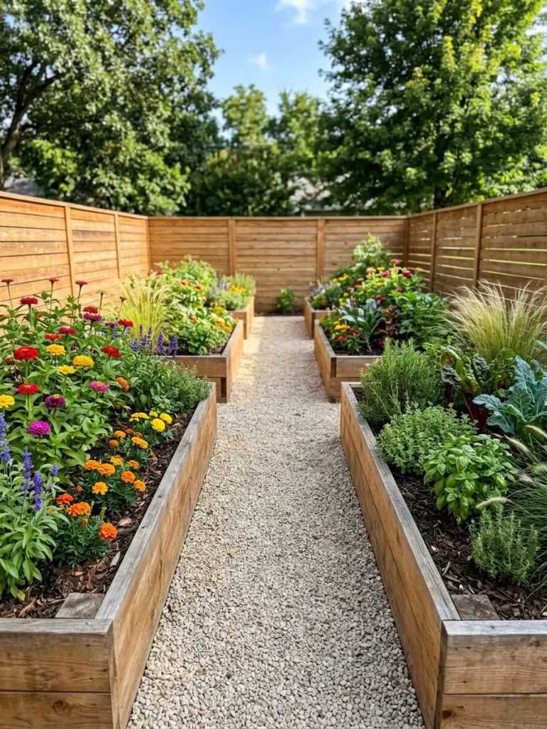 A small rectangular backyard framed by raised cedar garden beds along both long sides, designed in a warm minimalist style.