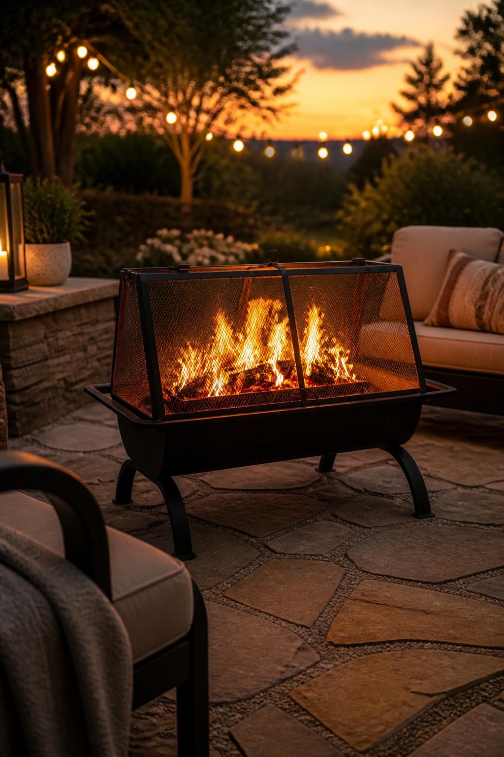 A rectangular mesh-panel fire pit sits atop a geometric flagstone patio, backed by sweeping sunset views.