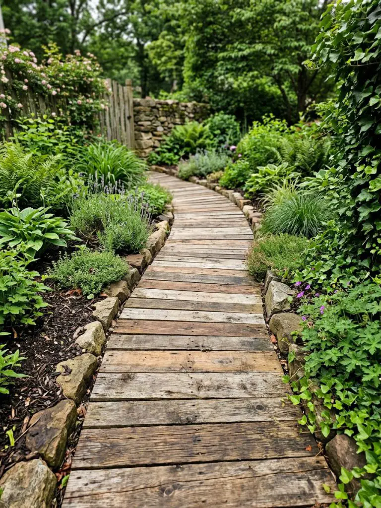 A rustic garden path made from recycled pallet wood, styled in a Modern Rustic outdoor design.