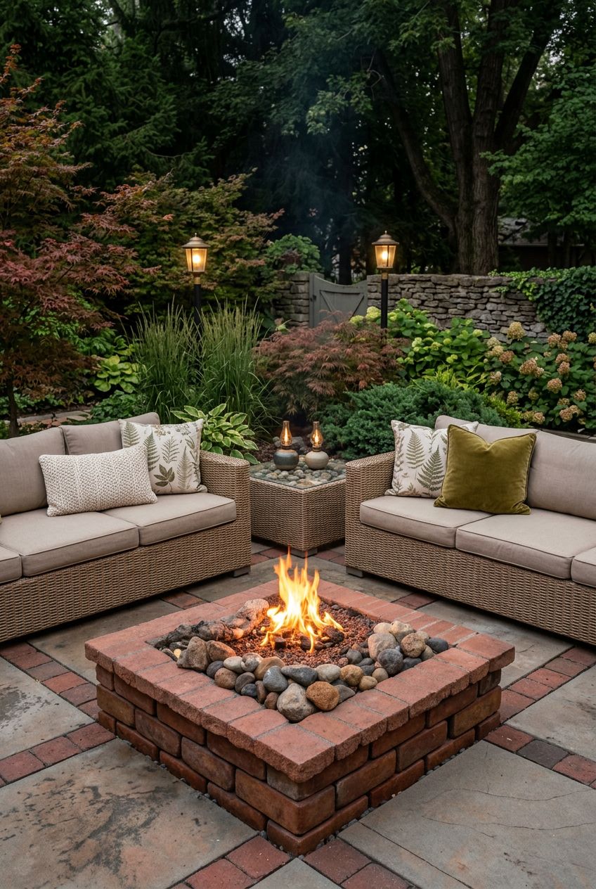A square backyard fire pit made of weathered red brick anchors this patio, filled with a collection of smooth river rocks and a glowing fire.