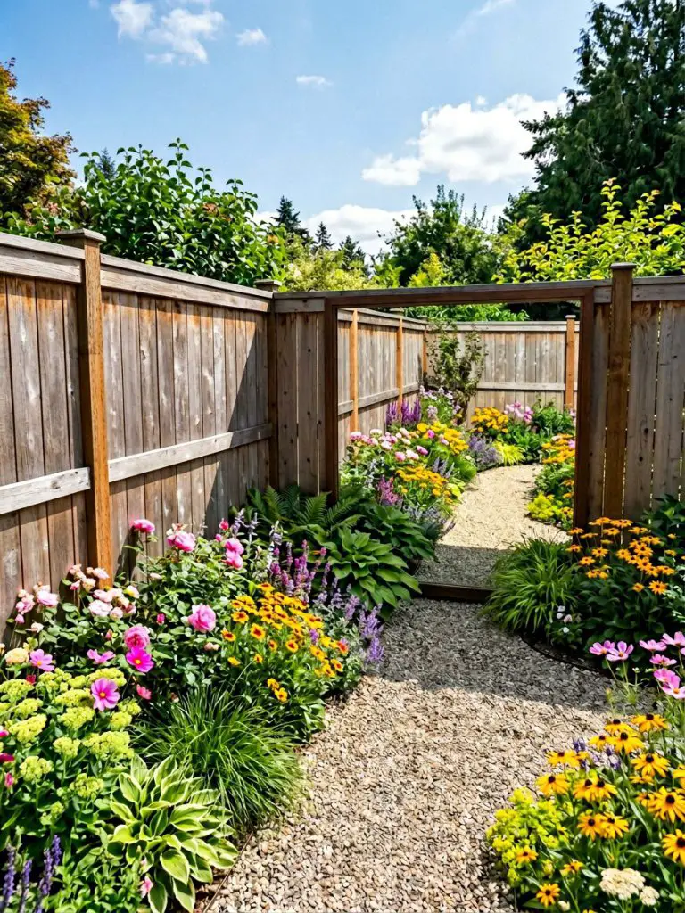 A small triangular garden with three defined sides featuring a reflective mirror installed along one corner fence to visually expand the spa.
