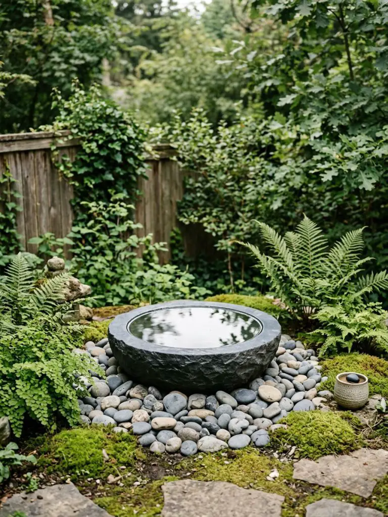 A tranquil small backyard memorial corner in a United States home featuring a reflective water basin in warm minimalist and modern rustic st.