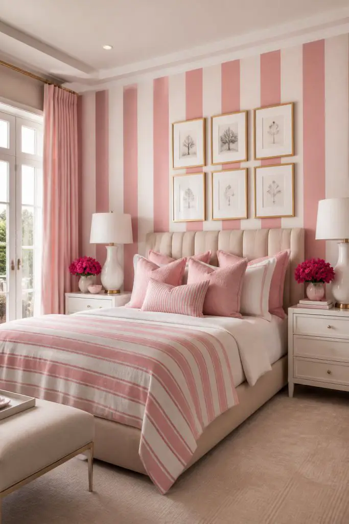 Showcase a sophisticated bedroom anchored by bold vertical striped wallpaper in alternating shades of blush pink and cream for a graphic, el.