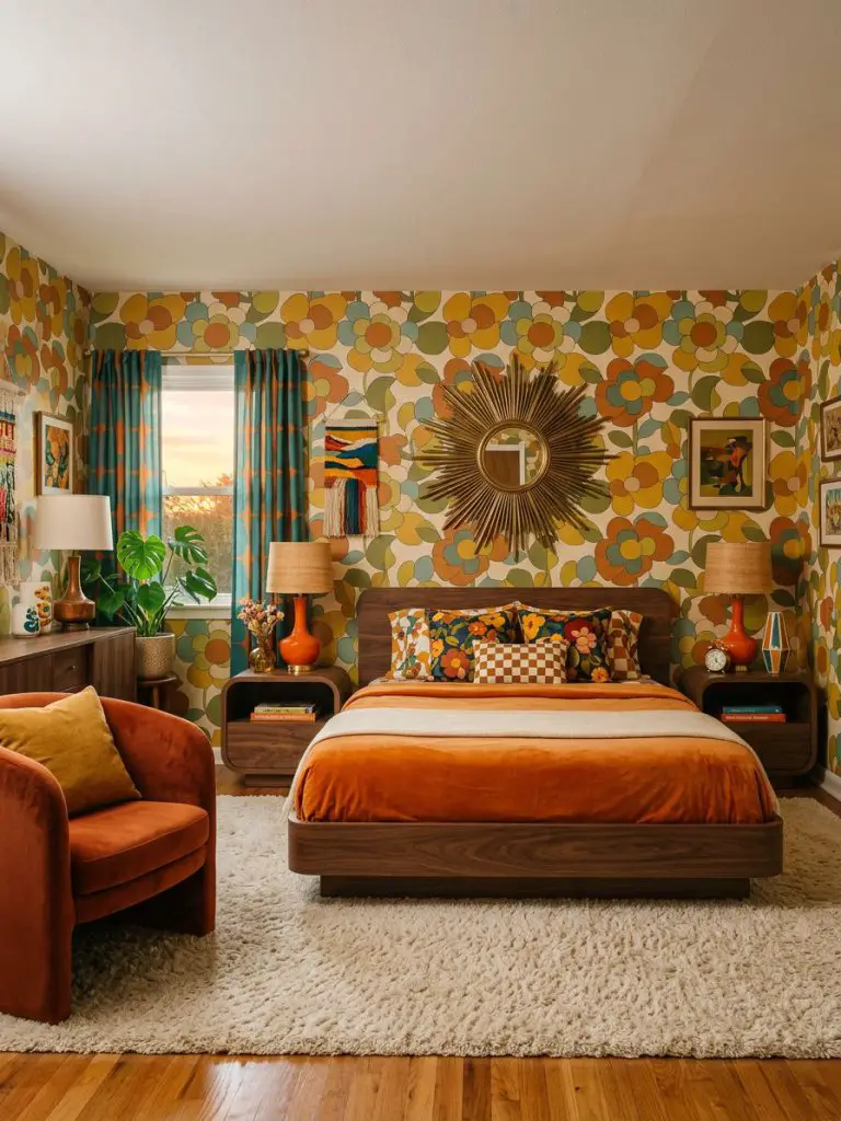 A retro flower power floral bedroom inspired by playful 1960s and 1970s interiors with bold geometric botanical patterns.