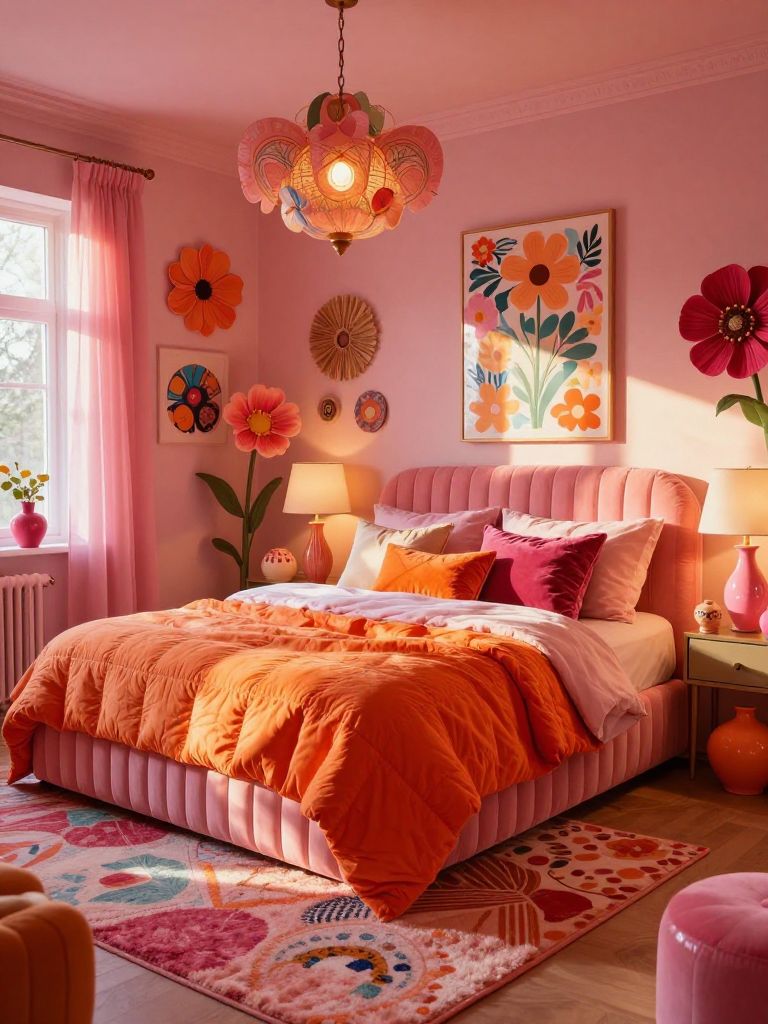 A bold retro maximalist pink and orange bedroom filled with vintage-inspired decor, playful floral accents, and glowing ambient lighting.