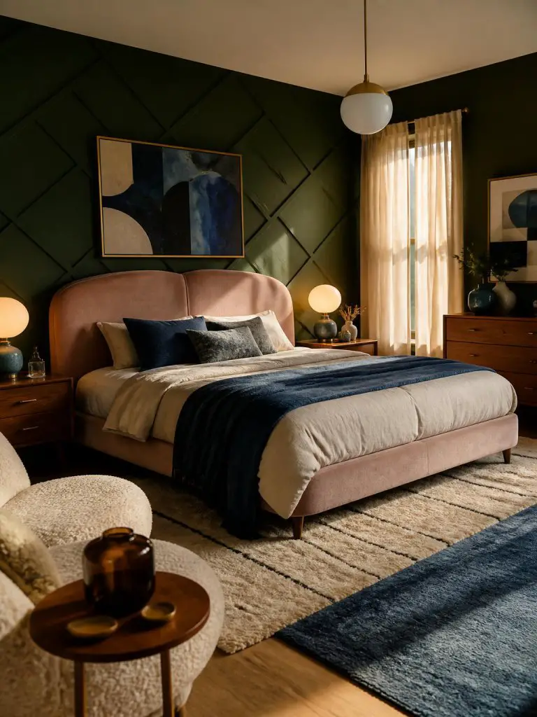A retro mid-century modern bedroom combining forest green walls, dusty pink upholstery, and rich cobalt blue accents in a stylish vintage-in.