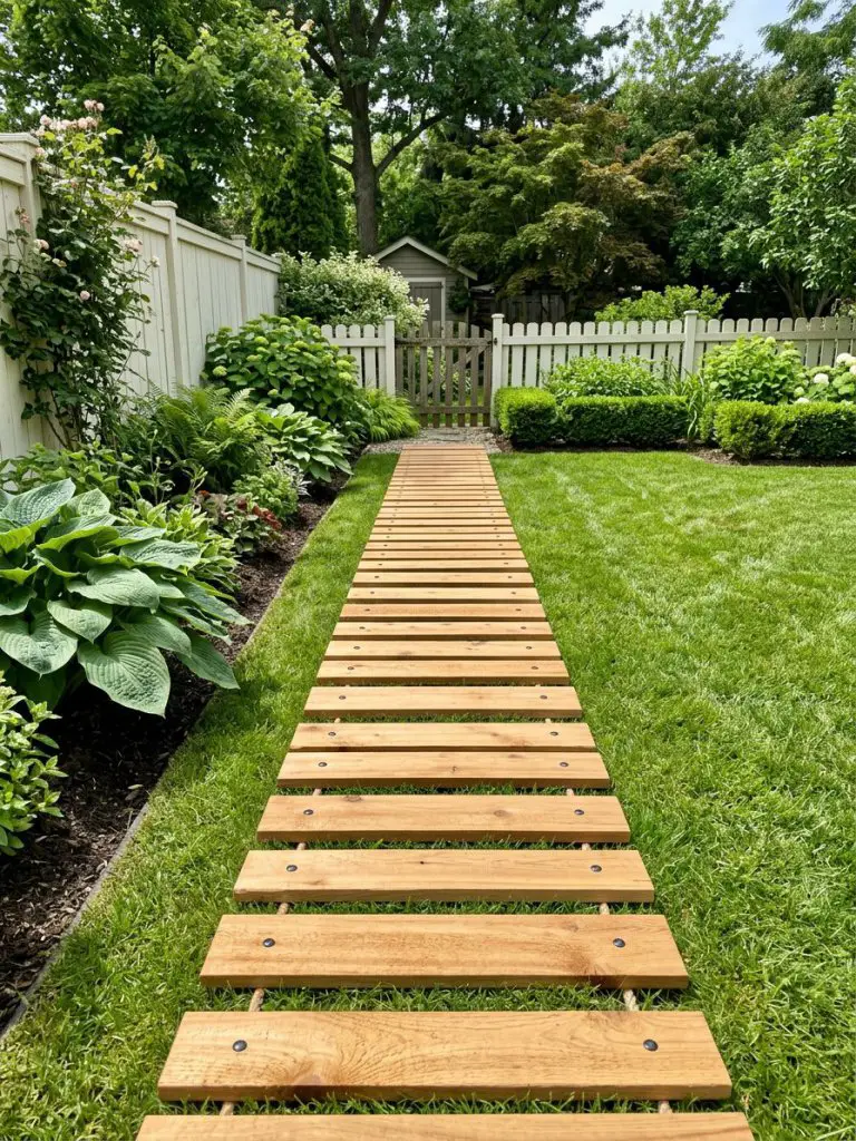 A backyard garden featuring a roll-out wooden boardwalk path in a Modern Rustic style.