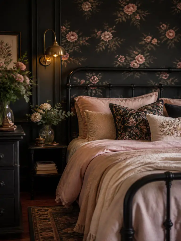 A romantic black floral bedroom designed with cozy cottage gothic influences and soft feminine details.