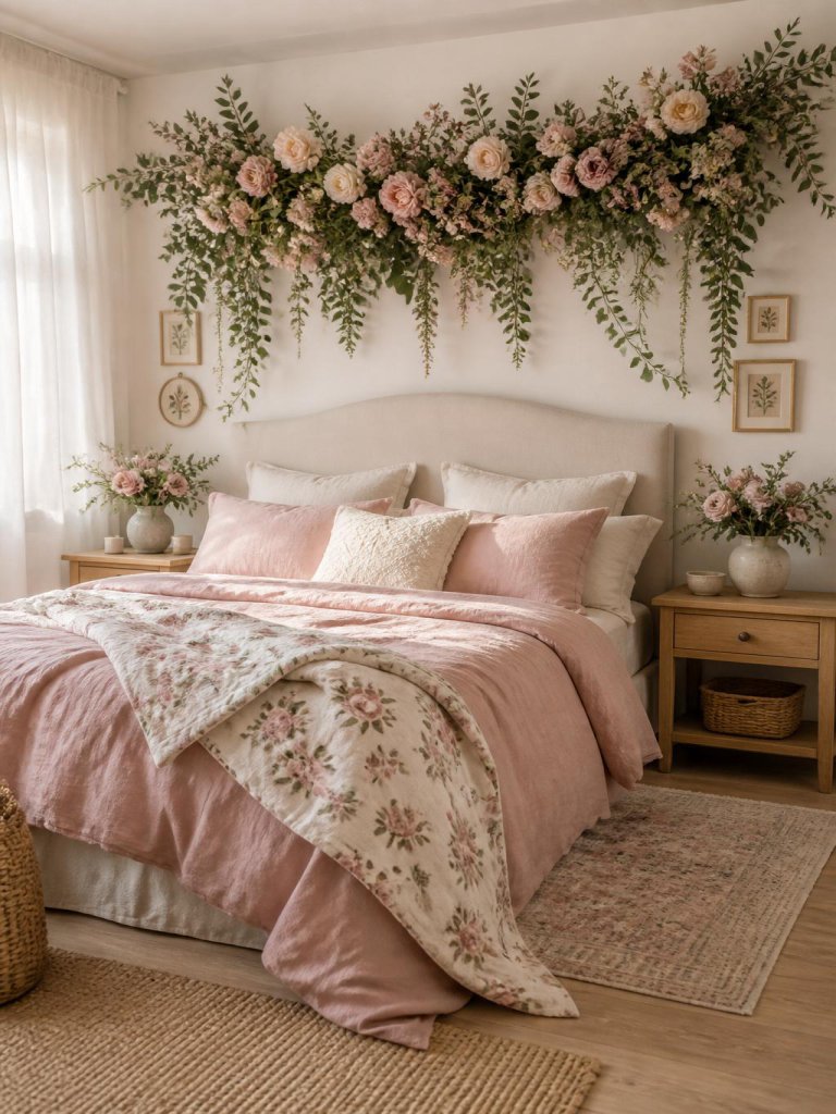 A romantic boho floral bedroom with a warm minimalist and soft cottagecore aesthetic featuring blush pink linen bedding layered with cream p.