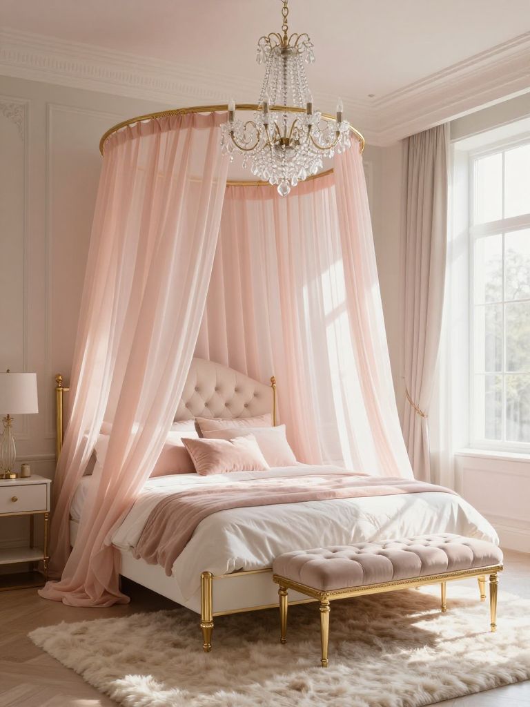 A romantic blush pink canopy bedroom designed in a feminine modern classic style with flowing sheer curtains and elegant gold accents.