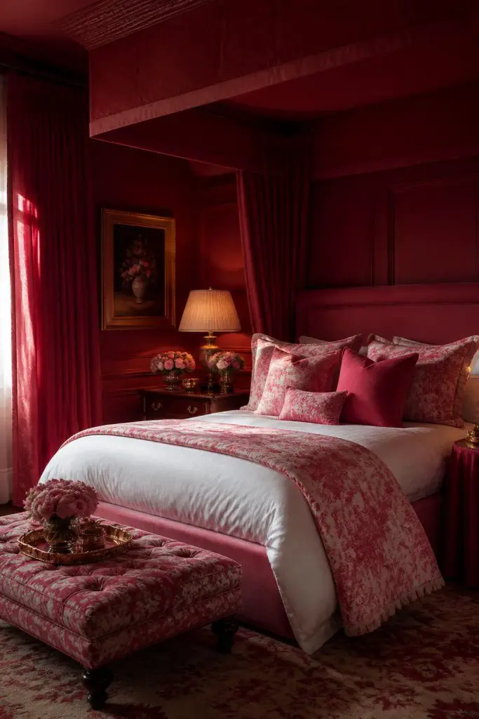 Create a deeply romantic bedroom brimming with drama by using bold red walls, floor-to-ceiling drapes, and a matching canopy above a large u.