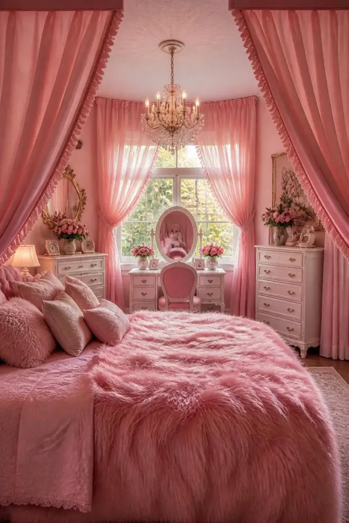 A romantic and glamorous pink bedroom enveloped in sweeping blush curtains, draped high from the ceiling to frame a canopy effect around the.