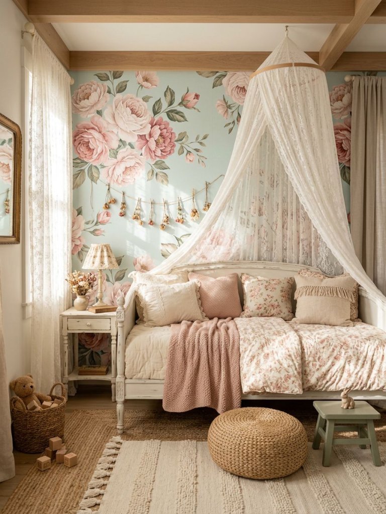 A whimsical cottagecore floral girls bedroom featuring oversized blush floral wallpaper on a soft aqua background paired with delicate lace.