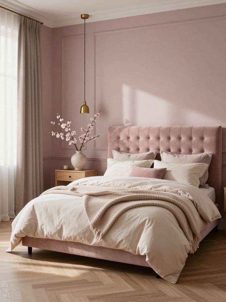 A romantic dusty pink bedroom styled with soft contemporary elegance, featuring a tufted velvet blush headboard, pale mauve wall molding, an.