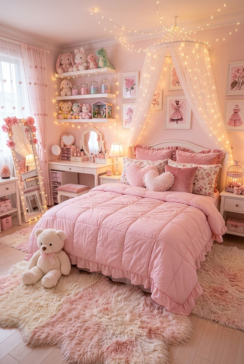 A romantic pink bedroom glowing under the warm twinkle of fairy lights strung across the ceiling and walls.