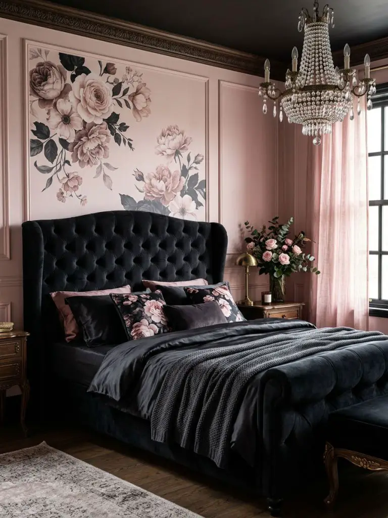 A moody romantic bedroom designed in gothic glam style with floral elegance and sophisticated interior photography composition.