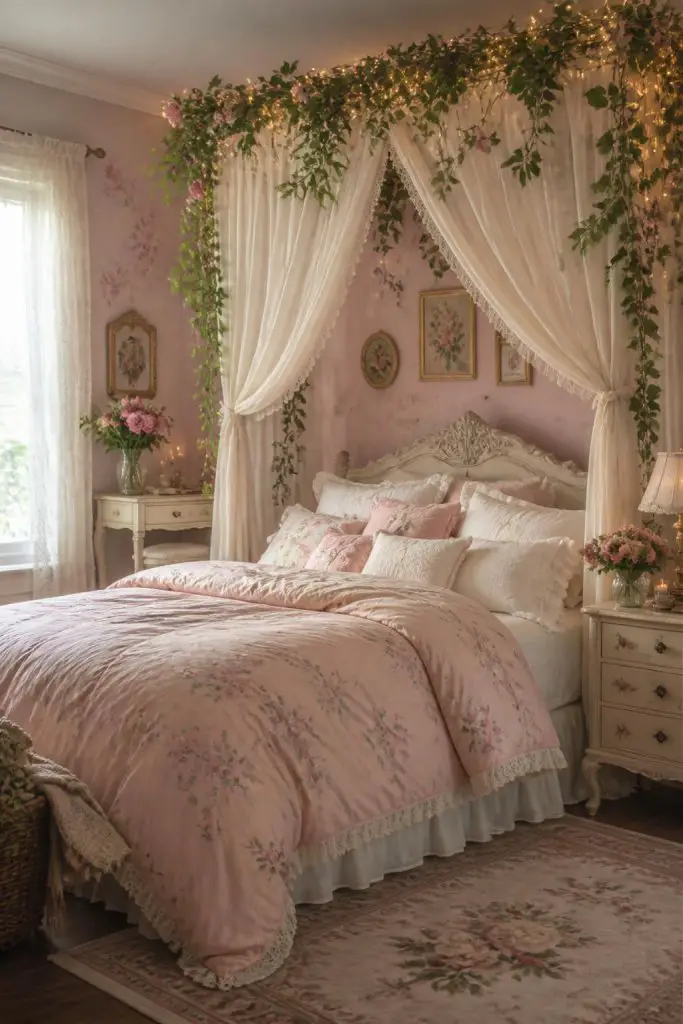 A romantic floral canopy bedroom styled with soft pink bedding, flowing ivory drapes, climbing greenery, and delicate vintage-inspired decor.