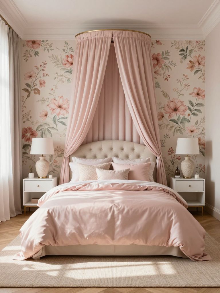 A romantic floral pink bedroom styled with timeless feminine elegance and soft luxury decor.