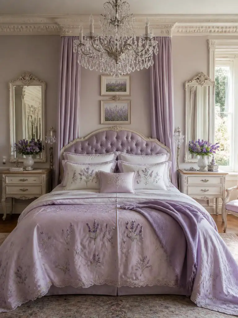 A romantic French-inspired lavender bedroom with elegant vintage glam details and soft floral styling throughout the space.