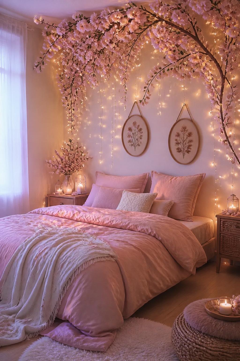 An ethereal bedroom transformed into a whimsical garden with cherry blossom branches and warm fairy lights cascading from ceiling to wall ab.